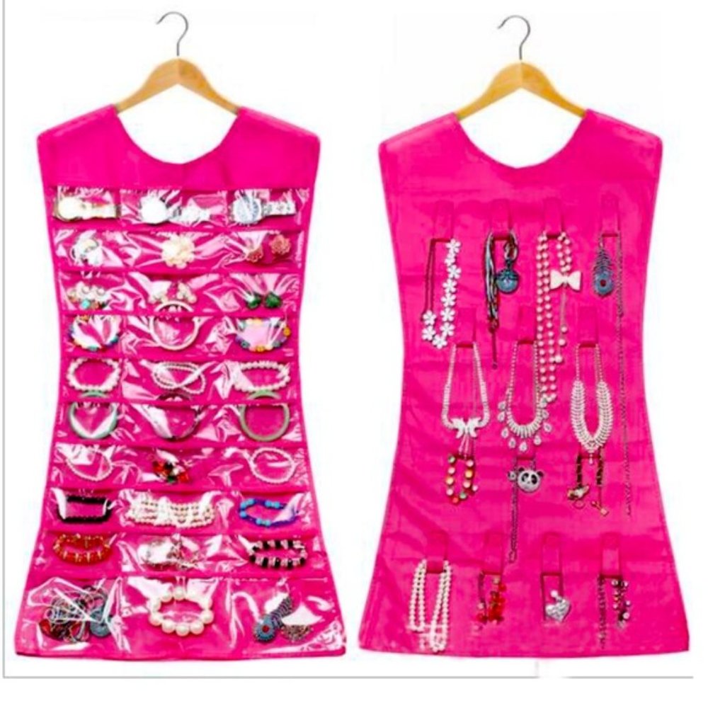 Jewelry Organizer Little Pink Dress Hanging Storage Bag Large 2 Sided Pink - Picture 5 of 16